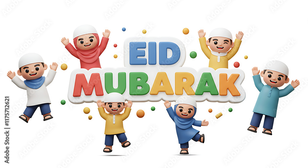 Eid Mubarak! Cute Muslim Kids 3D Cartoon Illustration Eid Mubarak! Cute Muslim Kids 3D Cartoon Illustration