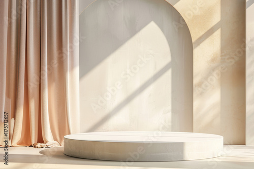 Stylish Empty Podium for Product Presentations in a Modern Indoor Venue. Arch Background Enhances the Sophistication of the Scene.