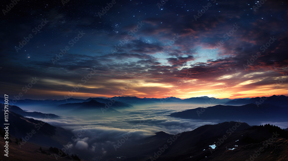 Fototapeta premium Sunrise over Misty Mountains and Clouds