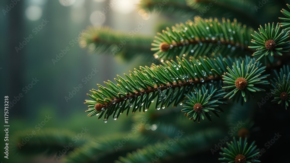 Evergreen Branch With Dewdrops in a Morning Forest Scene
Evergreen Branch With Dewdrops in a Morning Forest Scene