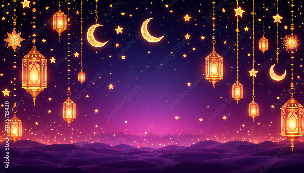 A night sky with crescent moons, glowing lanterns, and twinkling stars over a desert landscape. A night sky with crescent moons, glowing lanterns, and twinkling stars over a desert landscape.