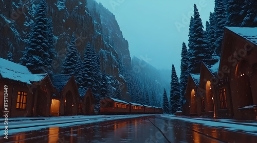 Snowy mountain village train station at night. photo