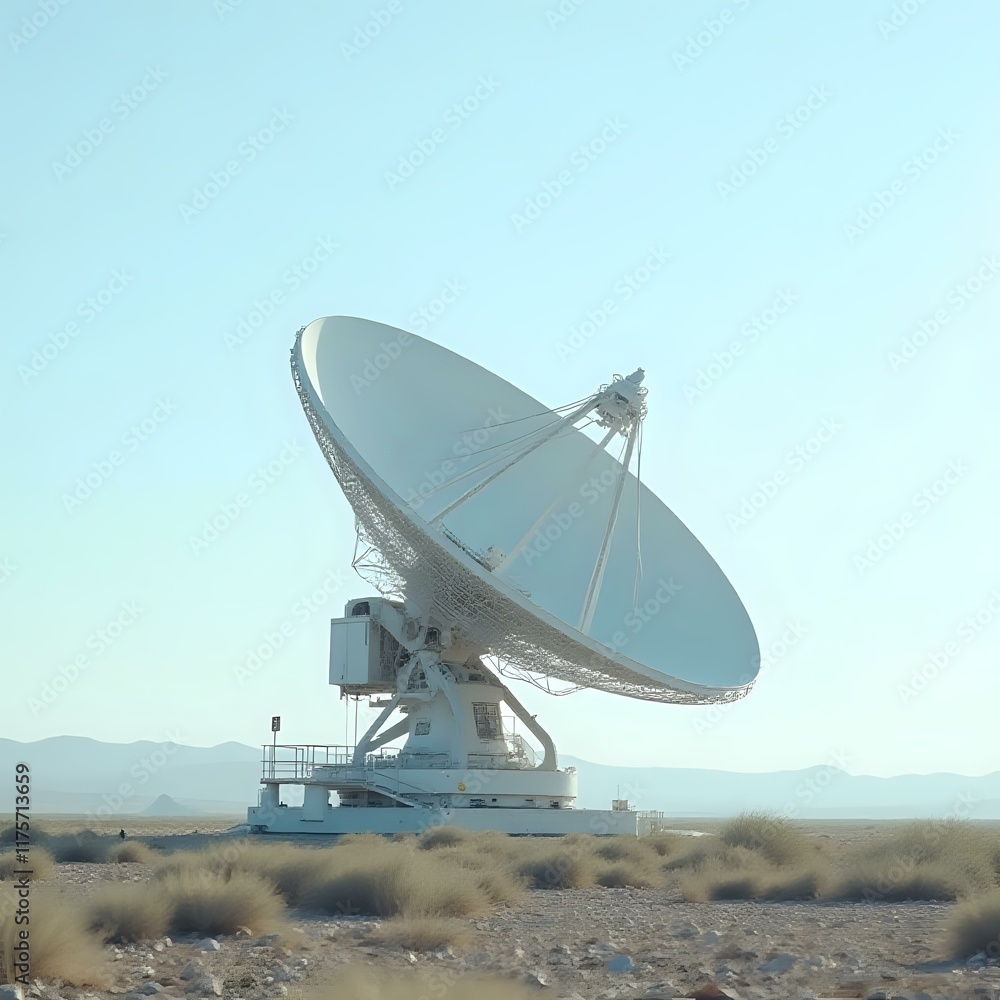 A large white satellite dish or antenna stands out against a clear sky in a barren landscape, its expansive field of view suggesting a vast, open space. A large white satellite dish or antenna stands out against a clear sky in a barren landscape, its expansive field of view suggesting a vast, open space.