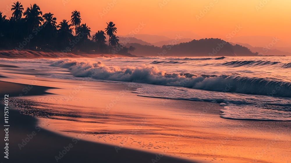 A tranquil beach at sunset, with waves gently lapping the shore and palm trees silhouetted against the orange sky A tranquil beach at sunset, with waves gently lapping the shore and palm trees silhouetted against the orange sky