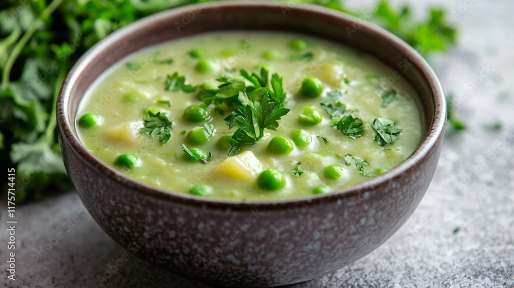 A bowl of creamy peas and potatoes garnished with fresh parsley, isolated on a grey marble background A bowl of creamy peas and potatoes garnished with fresh parsley, isolated on a grey marble background