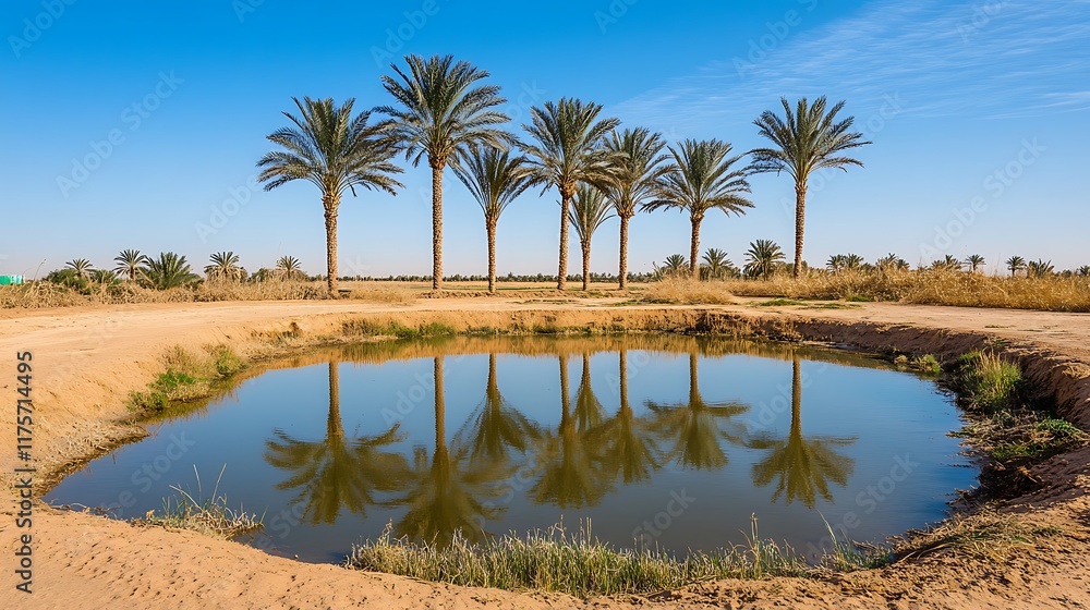 Obraz premium A tranquil desert oasis with palm trees, a small pond, and a clear blue sky 