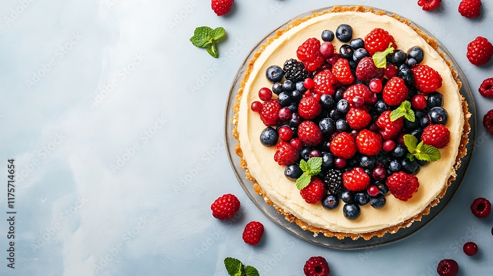 Homemade cheesecake with fresh berries on blue background, top view Homemade cheesecake with fresh berries on blue background, top view
