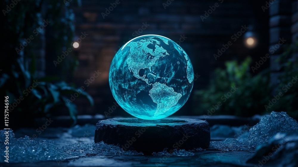 Naklejka premium A glowing interactive globe showcasing dynamic world features in serene setting