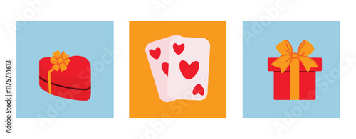 Valentines Day set with a heart-shaped gift box, playing cards with hearts, and a red gift box