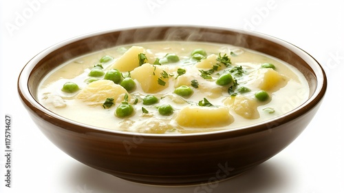 Wallpaper Mural A creamy bowl of garden potatoes and peas, isolated on a pristine white background with a hint of steam rising Torontodigital.ca