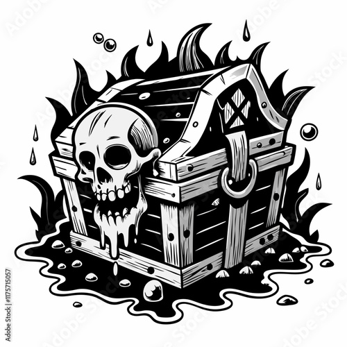 Spooky Skull Adorned Treasure Chest with Gothic Flames in Monochrome