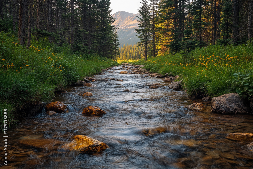 Mountain Stream Flows Through Lush Green Forest Valley Mountain Stream Flows Through Lush Green Forest Valley