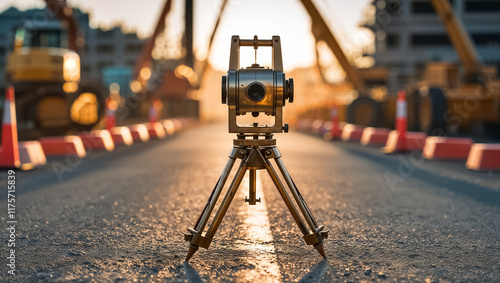 theodolite device close-up against the background of road construction photo