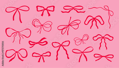 Decorative bows in coquette style isolated on pink background. Set of hand drawn cute ribbon bow knots. Big vector collection of whimsical bows for wedding and greeting cards, invitations.