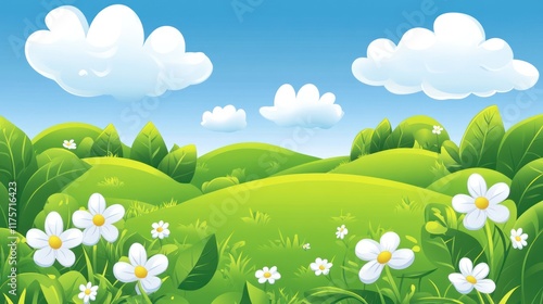 Sunny hillside meadow, white flowers, blue sky, idyllic landscape, children's book illustration