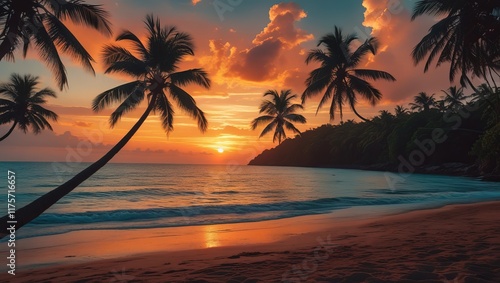 Tropical Sunset on a Scenic Beach with Silhouetted Palm Trees