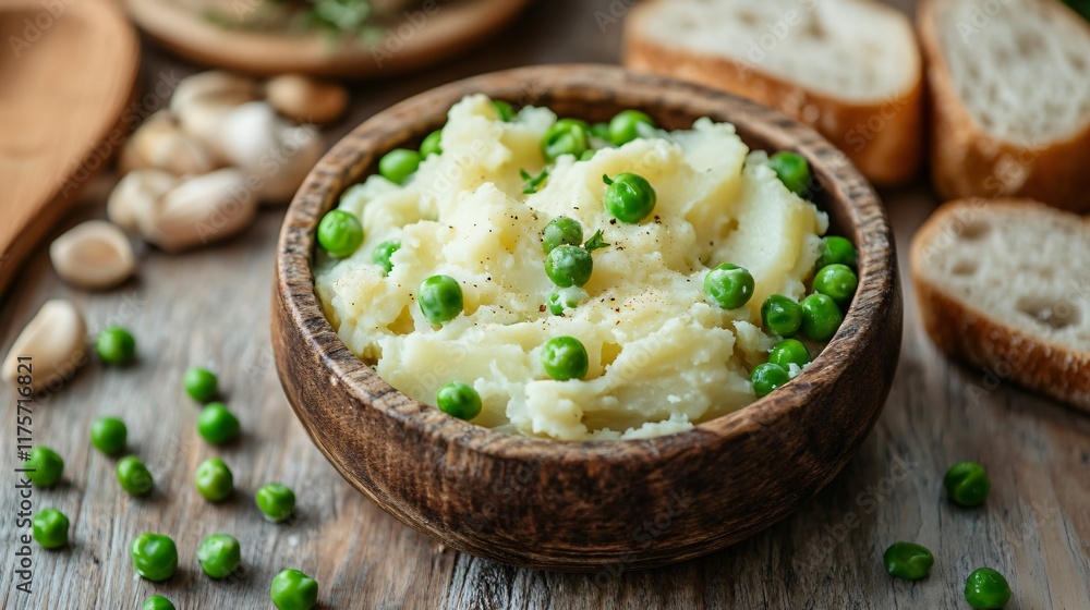 Creamy potatoes and peas served with crusty bread, isolated on a rustic table with a vintage touch Creamy potatoes and peas served with crusty bread, isolated on a rustic table with a vintage touch