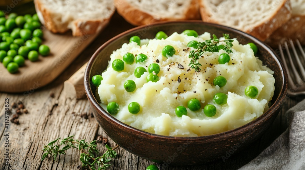 Creamy potatoes and peas served with crusty bread, isolated on a rustic table with a vintage touch Creamy potatoes and peas served with crusty bread, isolated on a rustic table with a vintage touch