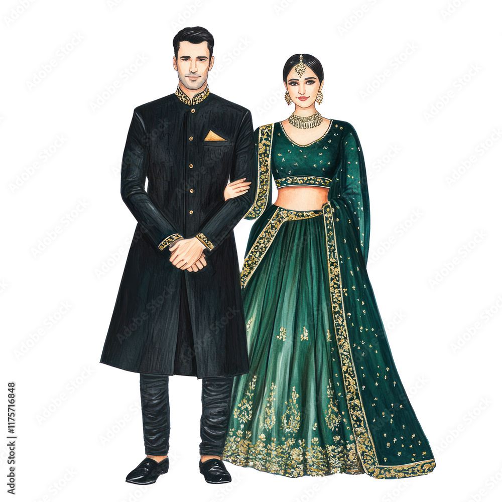 watercolor-style illustration of an Indian couple, man in royal black bandhgala, woman in emerald green sharara set isolated on transparent background watercolor-style illustration of an Indian couple, man in royal black bandhgala, woman in emerald green sharara set isolated on transparent background