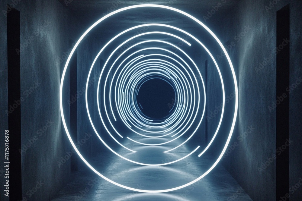 Obraz premium A glowing light burst forms concentric circles in dark corridor, creating mesmerizing visual effect