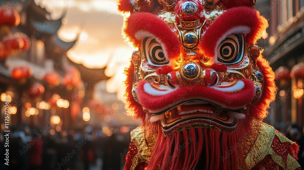 Fototapeta premium Ornate lion dance costume in mid-performance