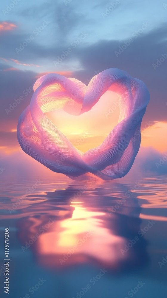 Fototapeta premium Glowing Heart Shaped Reflection Floating on Tranquil Waters at Vibrant Sunset with Atmospheric Cloudy Sky and Romantic Concept Imagery