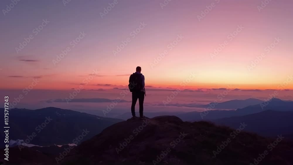 Hiker Enjoying a Scenic Mountain Sunrise. Video. Horizontal. Hiker Enjoying a Scenic Mountain Sunrise. Video. Horizontal.