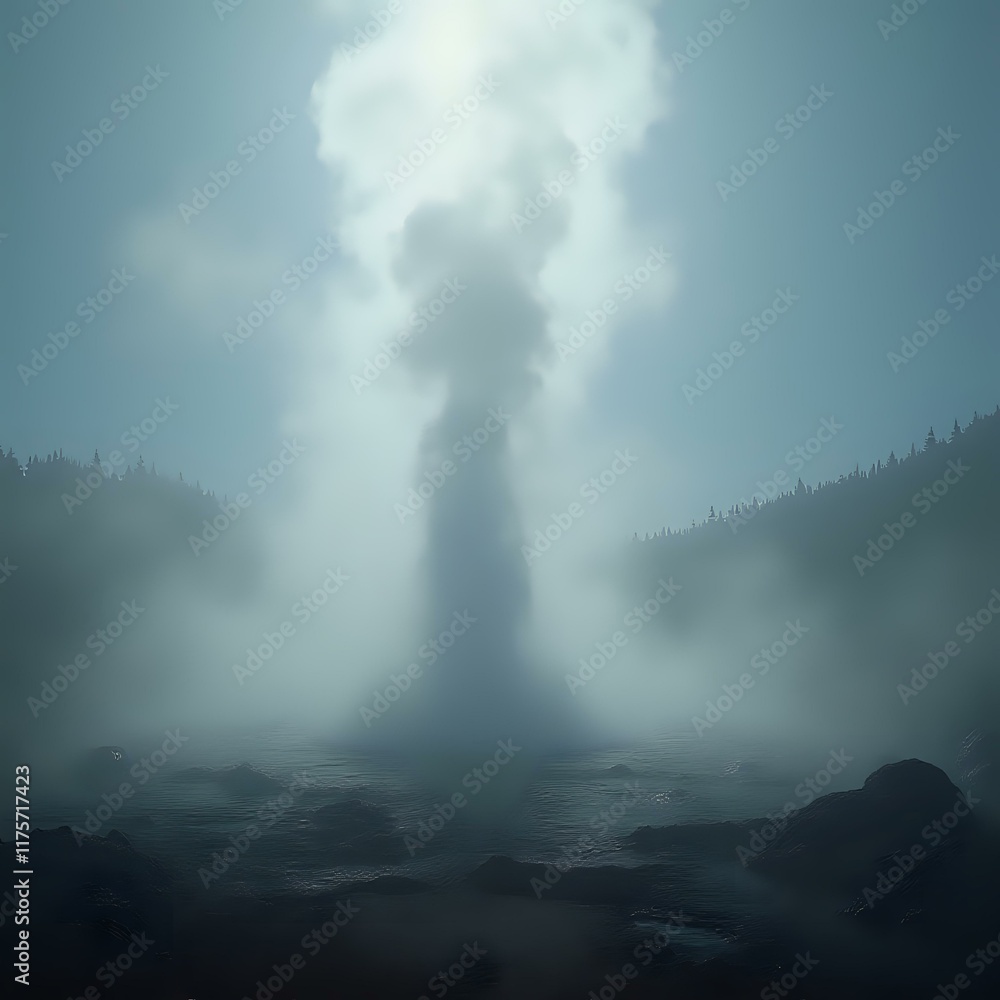 Obraz premium A dramatic natural scene of a steam-powered geyser erupting amidst fog and mist, with a hazy blue sky in the background.
