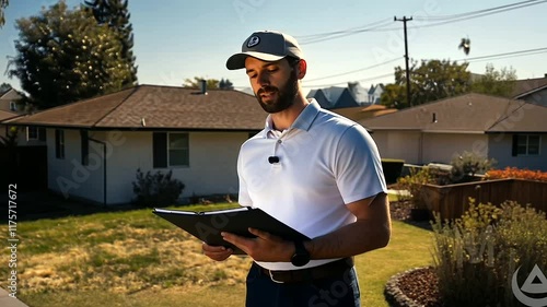 The agent observes roof tiles scattered in a nearby yard, cross-referencing their inspection notes with a checklist on a sunny day. photo