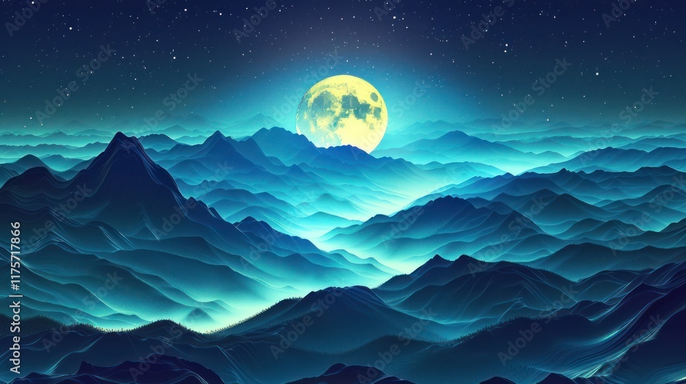 Obraz premium Moonlit Mountain Majesty: A breathtaking vista of moonlit mountain peaks, bathed in ethereal blue light, creating a serene and otherworldly landscape.