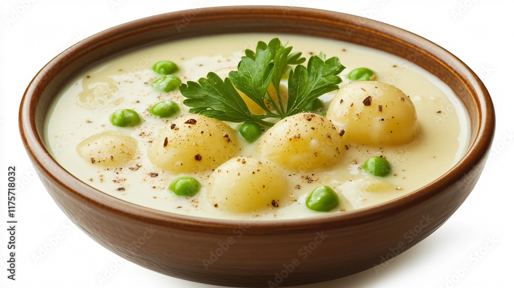 Potatoes and peas in rich cream, isolated with a sprinkle of nutmeg and parsley leaves for decoration Potatoes and peas in rich cream, isolated with a sprinkle of nutmeg and parsley leaves for decoration