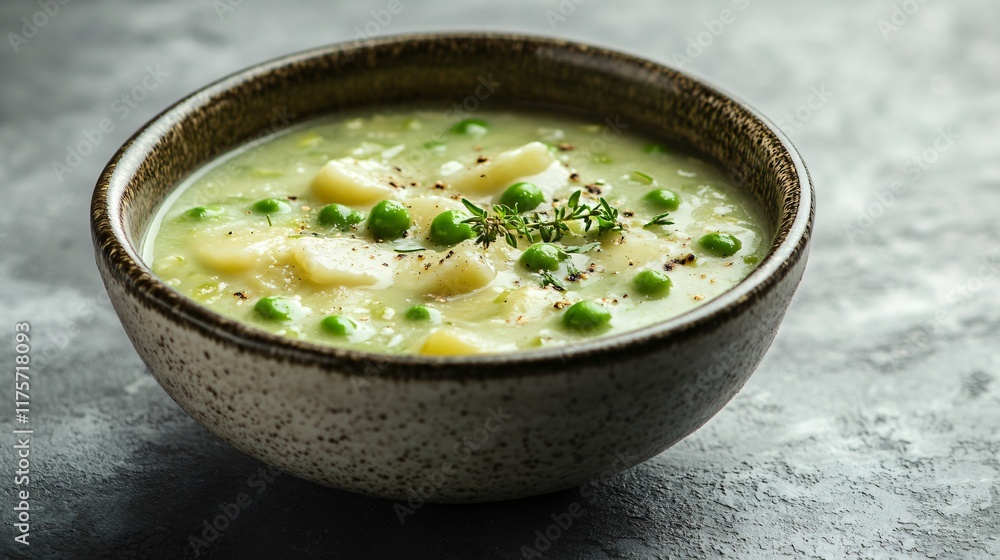 Rustic creamed potatoes and peas served in a ceramic bowl, isolated on a slate-grey background with a subtle vignette Rustic creamed potatoes and peas served in a ceramic bowl, isolated on a slate-grey background with a subtle vignette