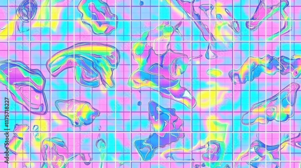 Abstract pastel grid background with iridescent fluid shapes. Abstract pastel grid background with iridescent fluid shapes.