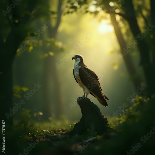 A bird of prey, possibly an eagle or falcon, perches on a tree stump in a forest, its gaze directed upwards and to the right, with sunlight filtering through the trees.