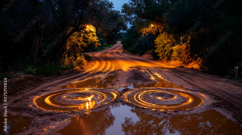 Fototapeta premium Night scene of a muddy road with tire tracks and puddles reflecting light.