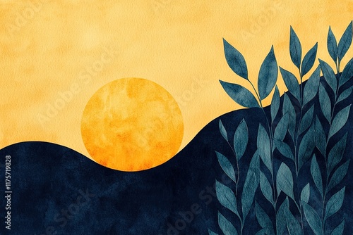 A serene illustration of a sun setting behind dark hills, accompanied by lush leaves, creating a calm and warm atmosphere.
