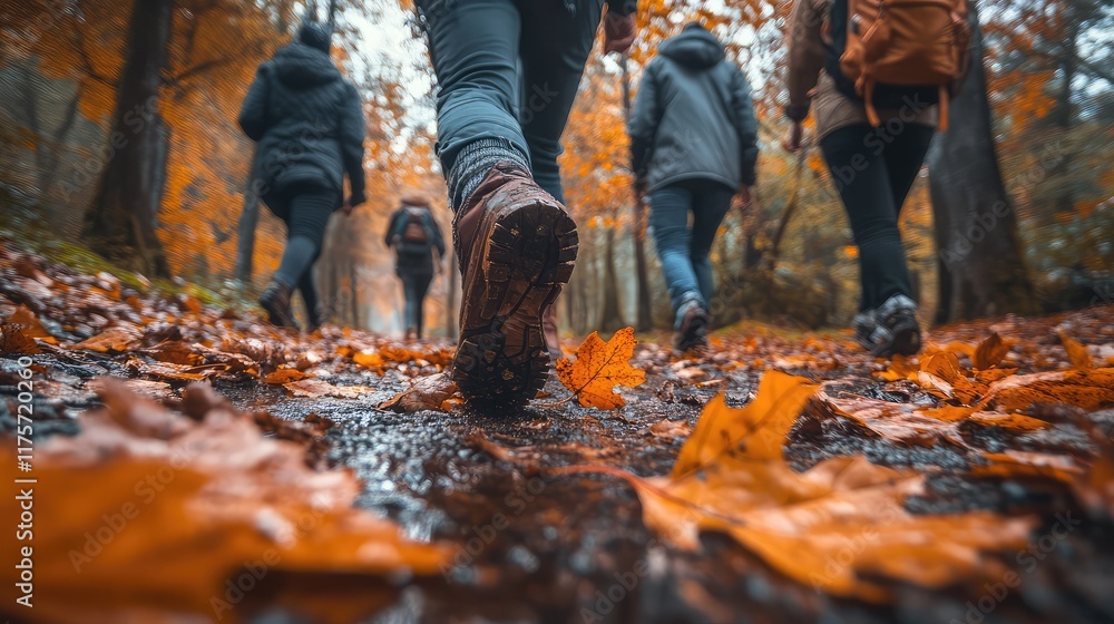 People walking through a forest with fallen leaves crunching underfoot People walking through a forest with fallen leaves crunching underfoot