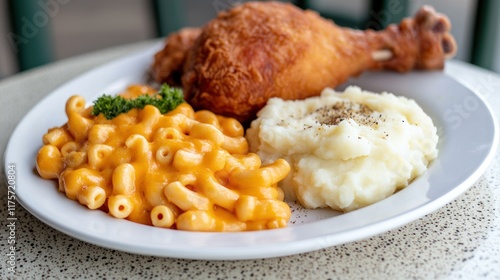 A plate featuring fried chicken, macaroni and cheese, and mashed potatoes.