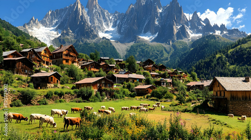 Wallpaper Mural Idyllic mountain village with grazing cows and majestic peaks. Torontodigital.ca