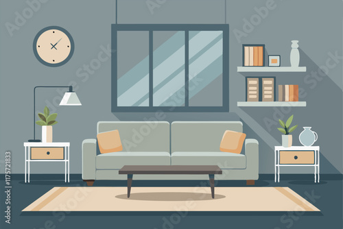 A sophisticated living room features a sleek sofa, stylish decor, and large windows allowing ample light, A sleek, modern living room with clean lines and neutral colors