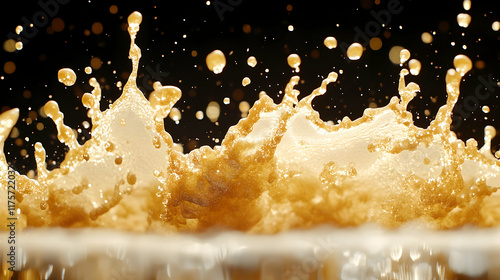 Golden liquid splash with foam on black background.