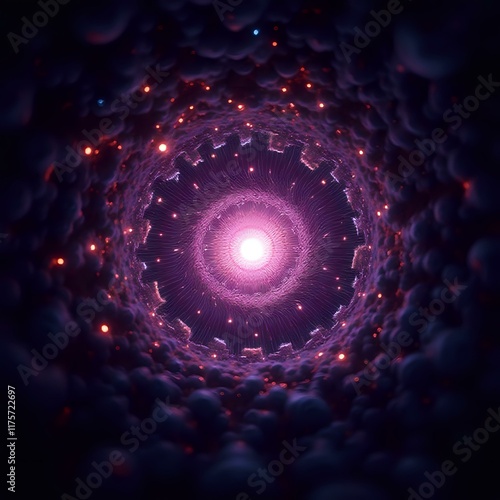The image depicts a swirling, cosmic scene with a radiant, glowing center surrounded by a sea of small, glowing spheres against a dark, cosmic backdrop.