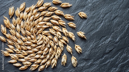 Barley grains forming a spiral pattern, isolated on a slate-grey background with a touch of rustic elegance photo