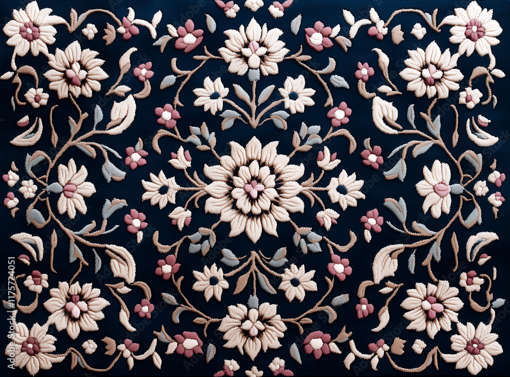 Elegant floral carpet design with pink and cream blossoms on deep blue background Elegant floral carpet design with pink and cream blossoms on deep blue background