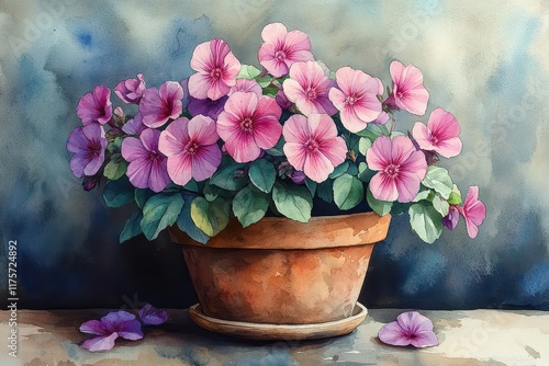 Fototapeta Naklejka Na Ścianę i Meble -  watercolor illustration of a rustic pot filled with blossoming flowers showcasing delicate details and soft hues evoking a sense of tranquility and natural beauty