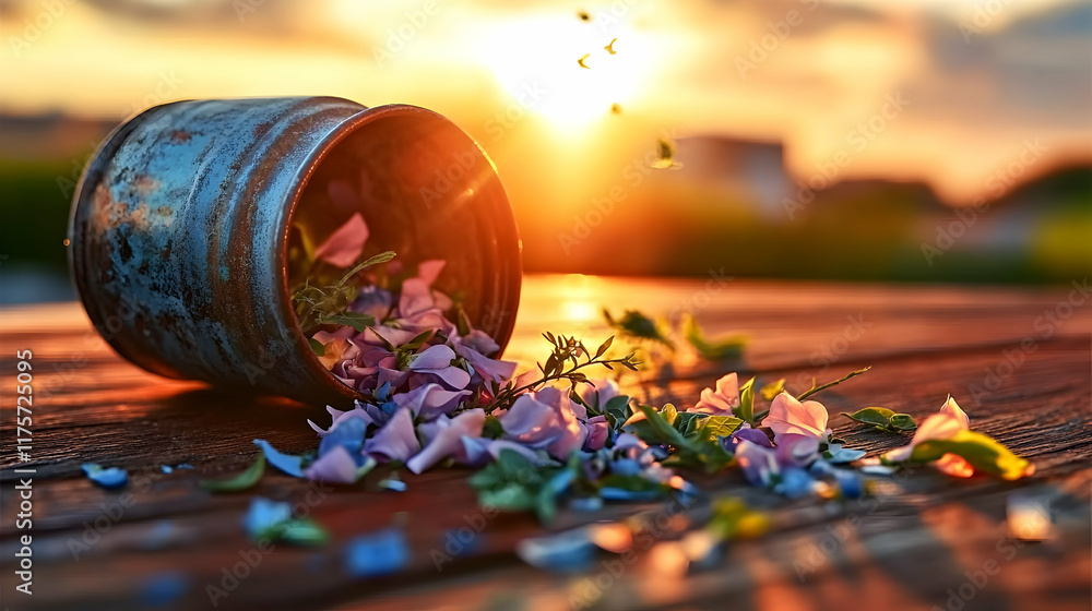 Sunset flowers spilling from rustic tin. Sunset flowers spilling from rustic tin.