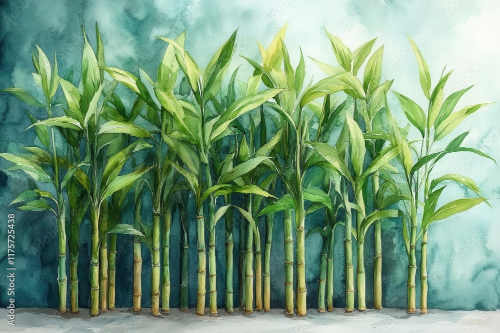 Obraz premium watercolor illustration of lush sugar cane stalks with vibrant green leaves on an isolated background showcasing the beauty of agriculture and natures bounty