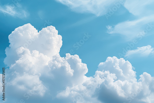 Fluffy white clouds form heart shape against bright blue sky, creating serene and uplifting scene