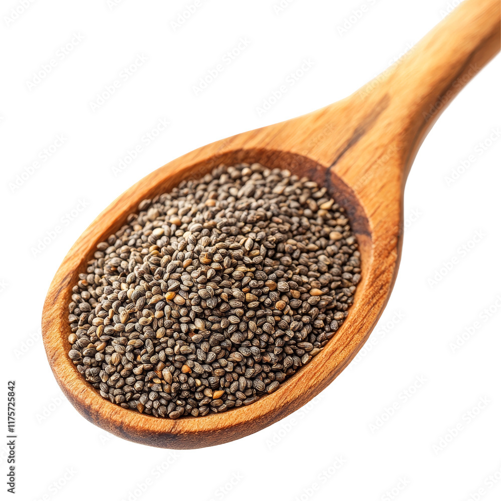 Perilla herb seeds in a wooden spoon, isolated on a transparent background for culinary and health uses, Perilla herb seed in wood spoon isolated on transparent background Perilla herb seeds in a wooden spoon, isolated on a transparent background for culinary and health uses, Perilla herb seed in wood spoon isolated on transparent background
