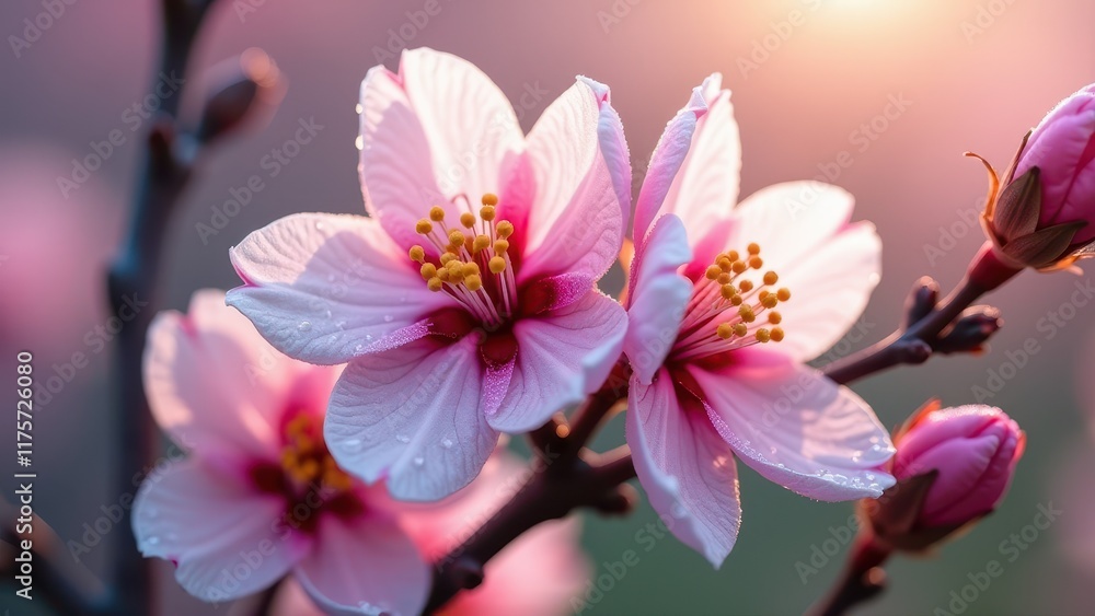 Elegant Cherry Blossom Close-Up with Dewdrops Illuminated by Soft Evening Light
Elegant Cherry Blossom Close-Up with Dewdrops Illuminated by Soft Evening Light